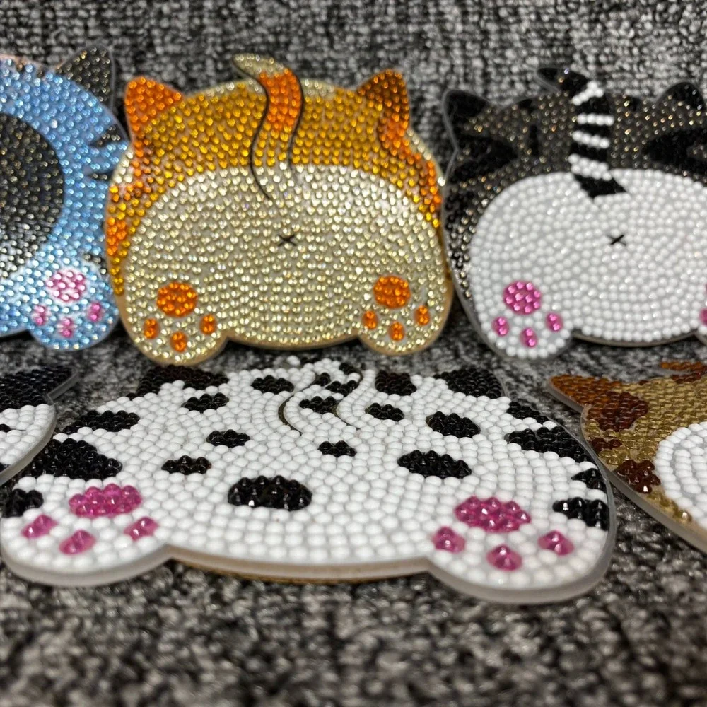 Unbranded Cat Butt Coaster Set 8pc Multicolor Rhinestone Diamond Art Home Decor